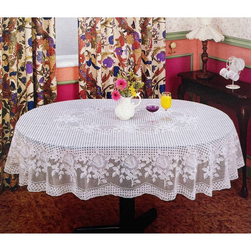 54"x72" Oval White Vinyl Tablecloth Floral Laced Table Cloth Cover